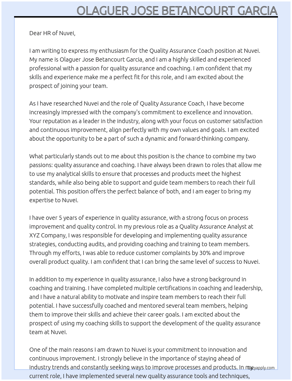 Quality Assurance Coach At Nuvei Cover Letter