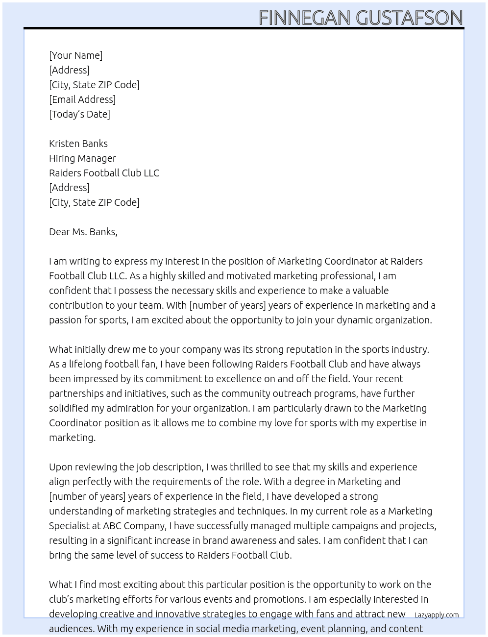 Marketing Coordinator At Raiders Football Club LLC Cover Letter