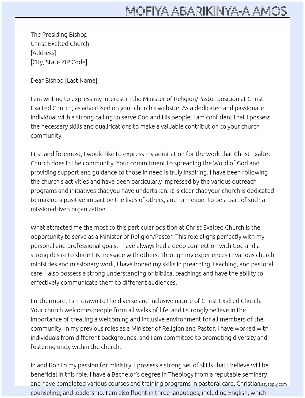 Minister of Religion/Pastor  At Christ Exalted Church  Cover Letter