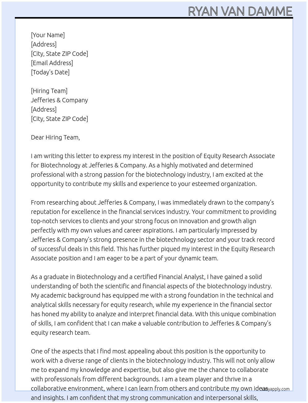 equity research associate biotechnology At Jefferies & Company Cover Letter