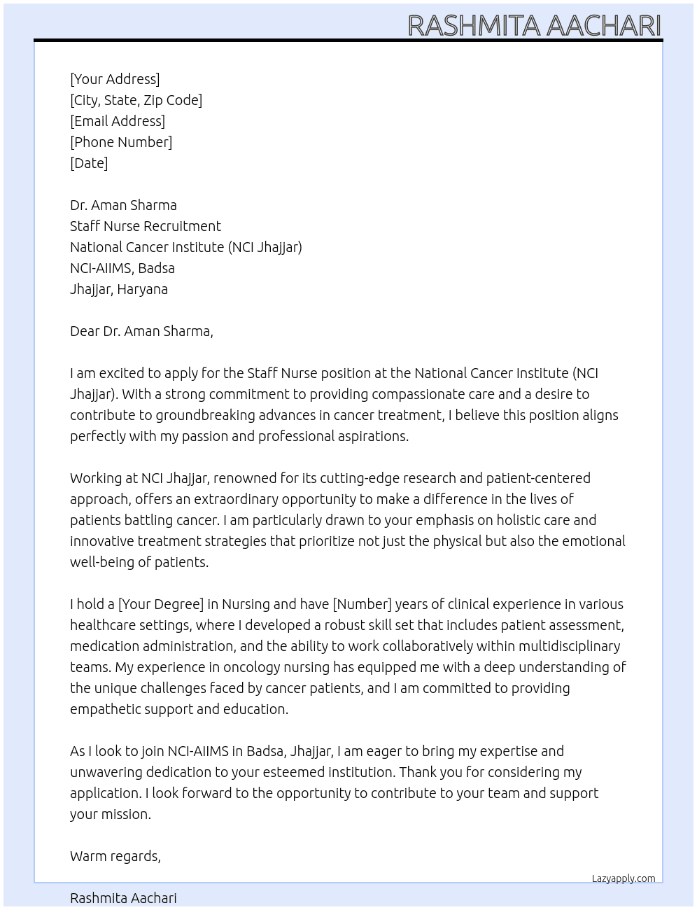 Cover letter for staff nusrs - LazyApply