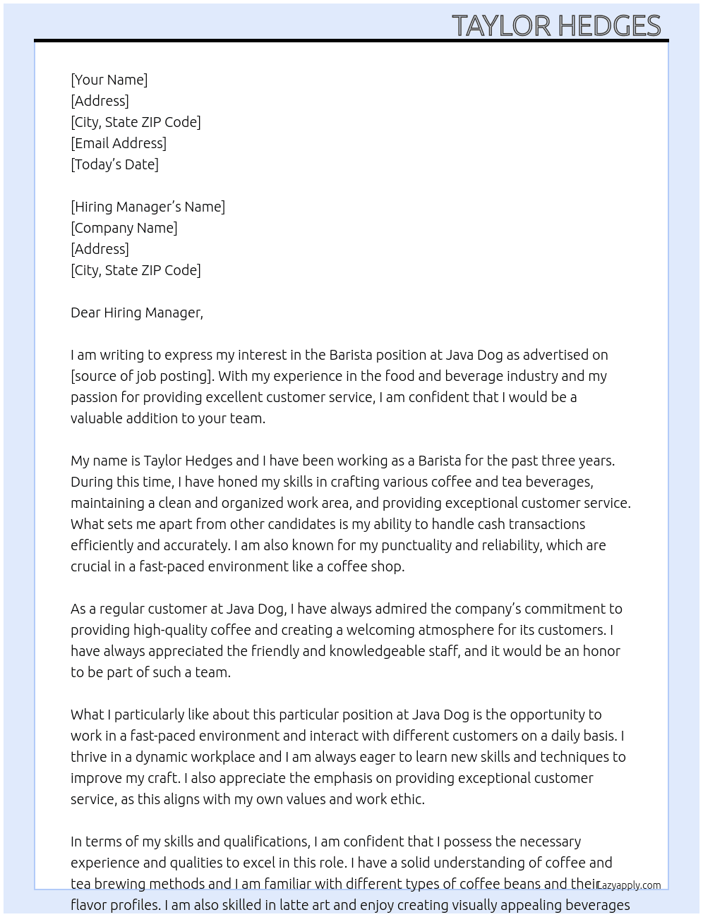 Barista  At Java Dog  Cover Letter