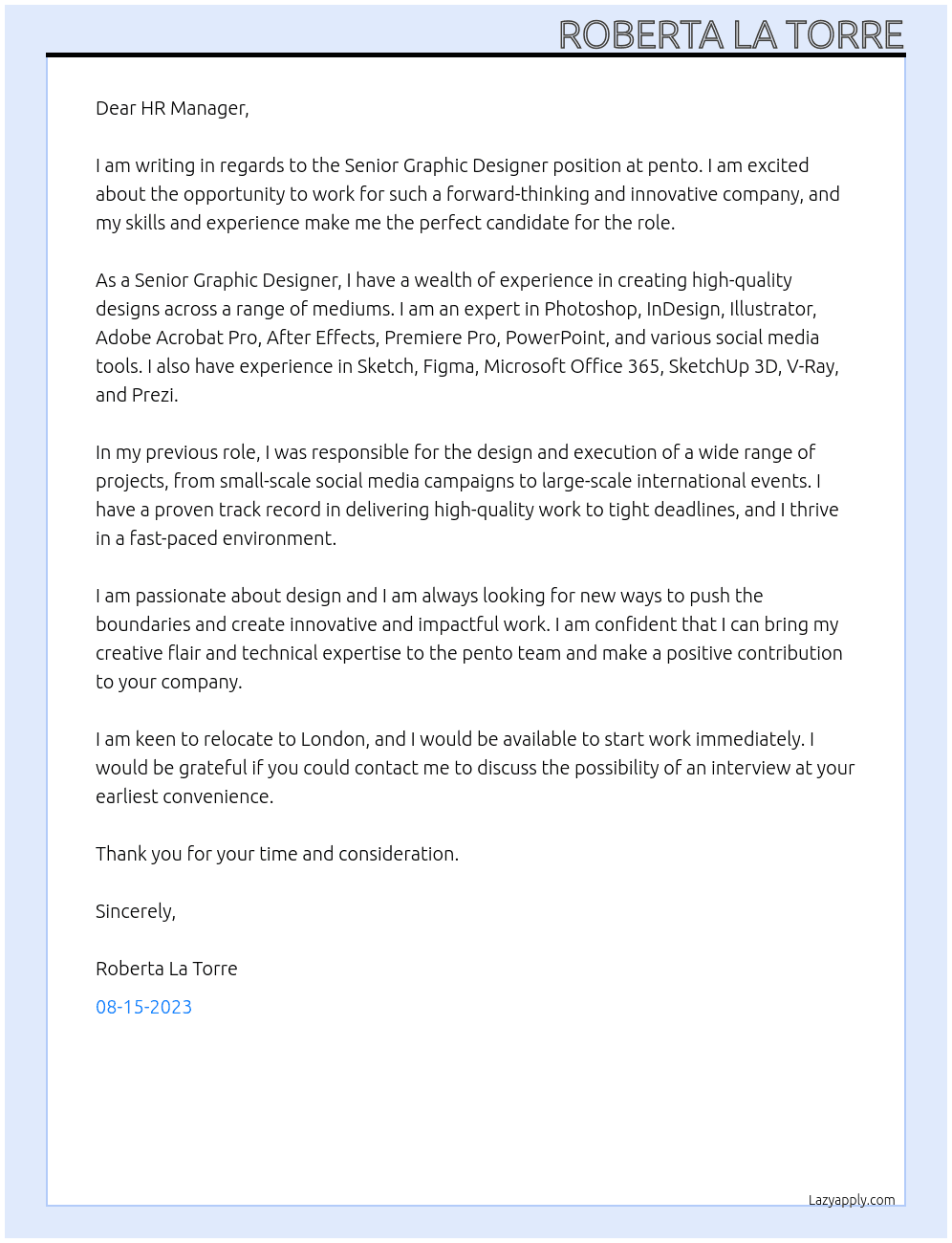 Senior Graphic designer At pento Cover Letter