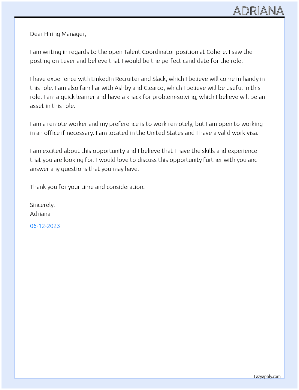 Talent Coordinator At Cohere Cover Letter