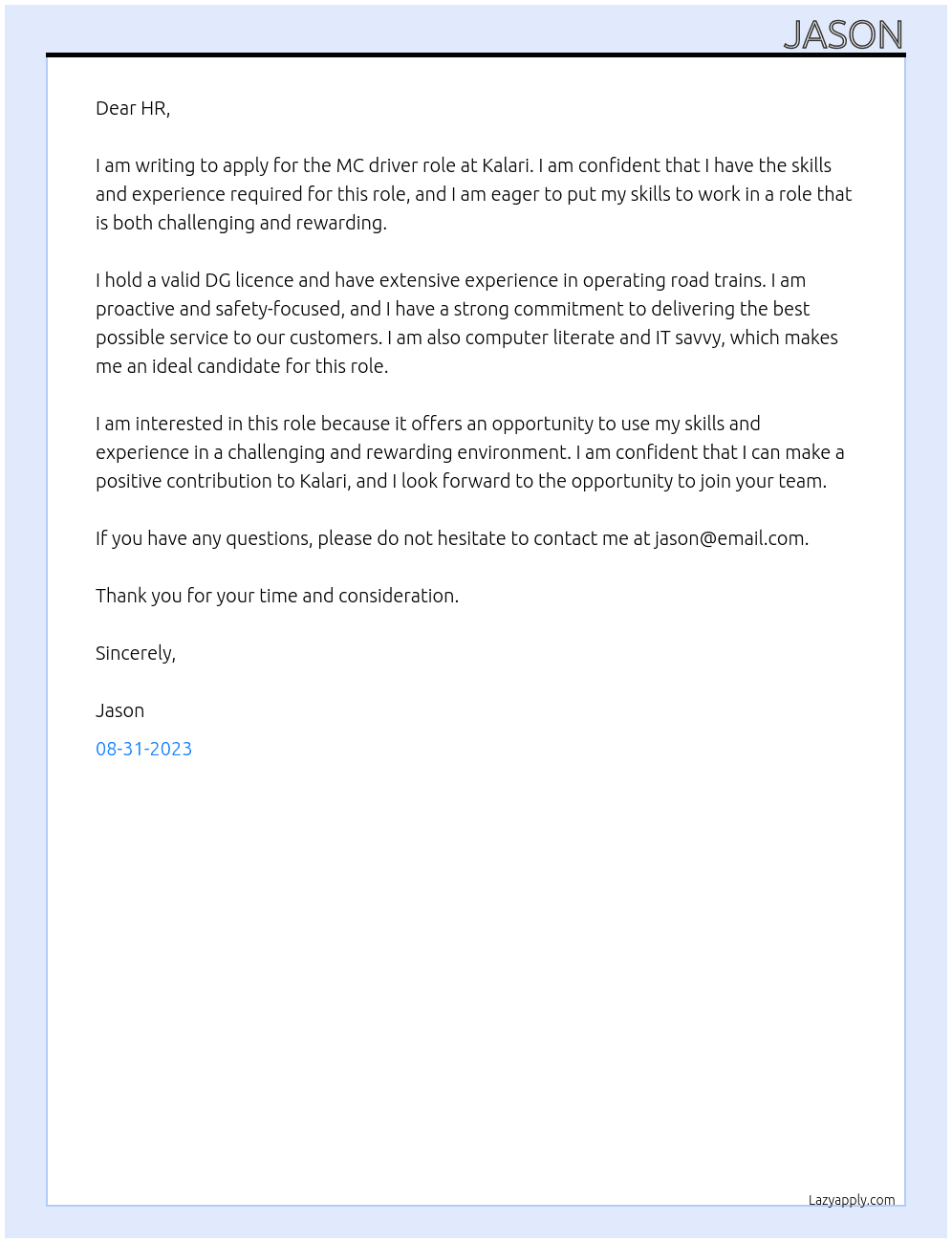 MC driver At kalari Cover Letter