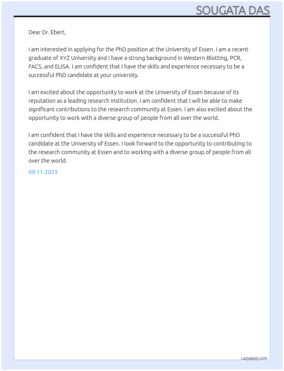phd position At uni of Essen Cover Letter