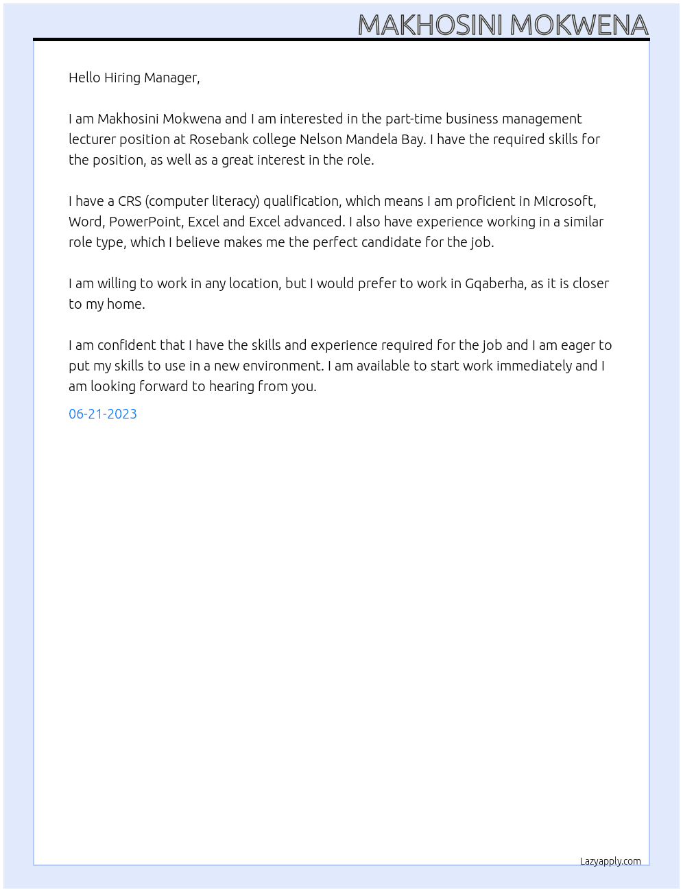 Part-Time Business Management Lecturer  At Rosebank college Nelson Mandela Bay  Cover Letter