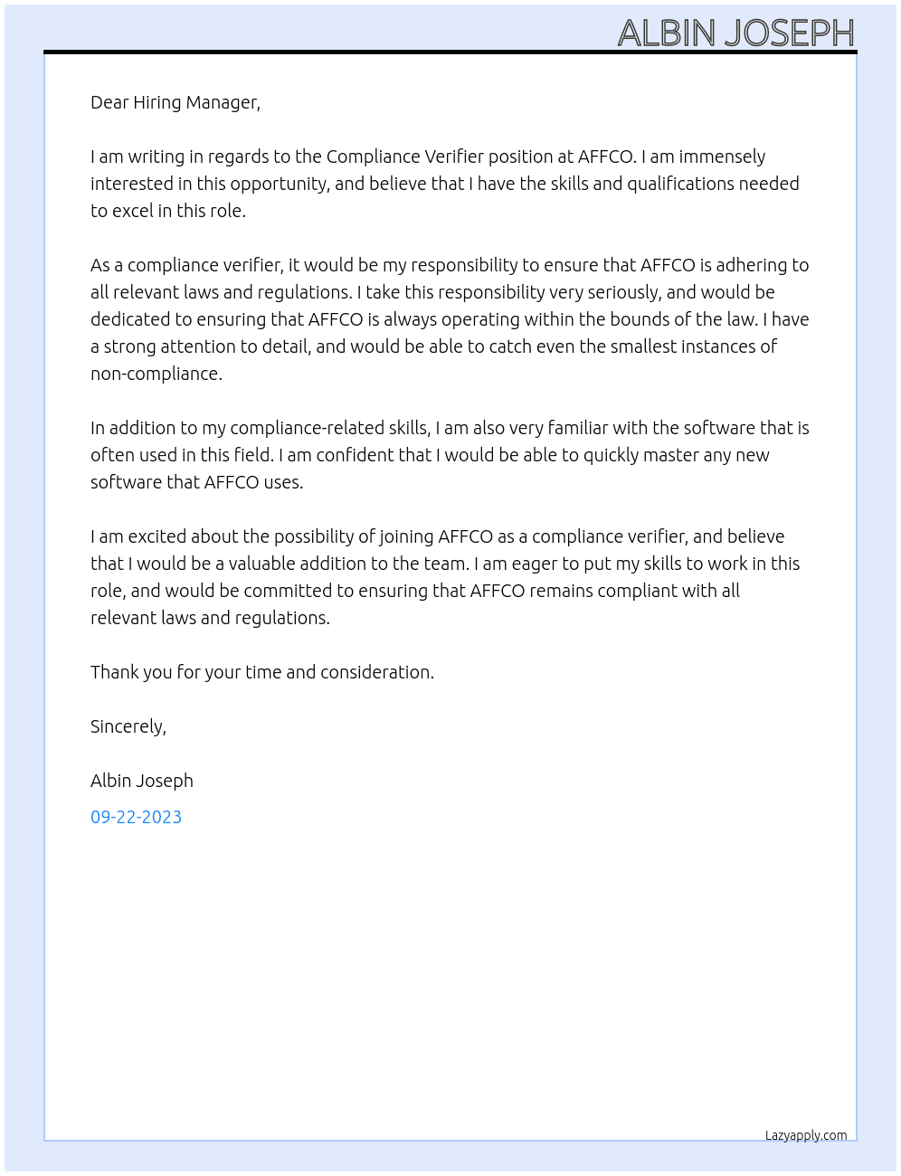 Compliance Verifier At AFFCO Cover Letter