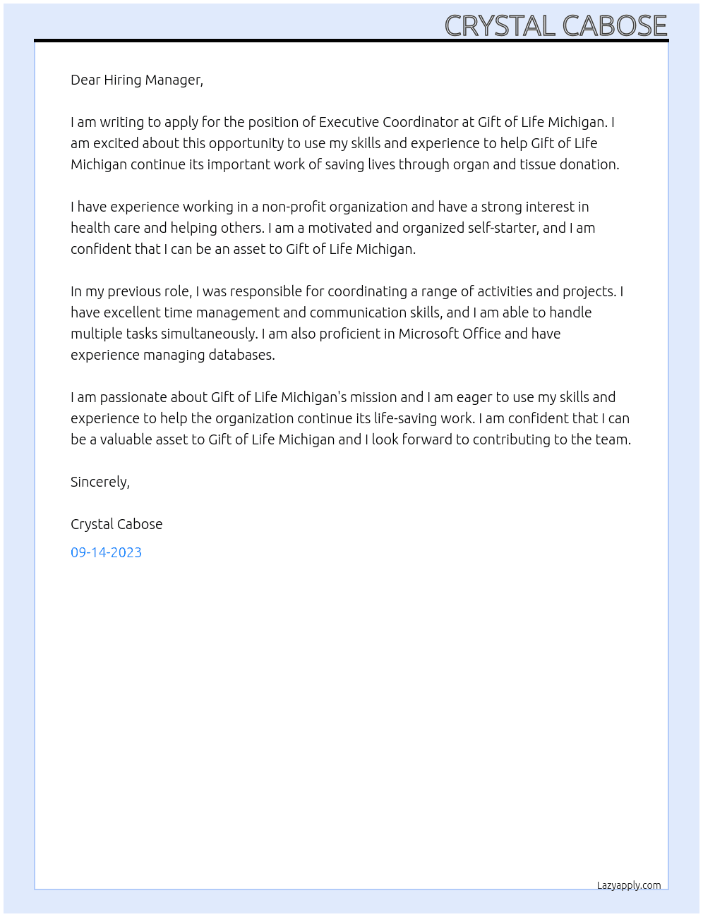 Executive Coordinator At Gift of Life Michigan Cover Letter