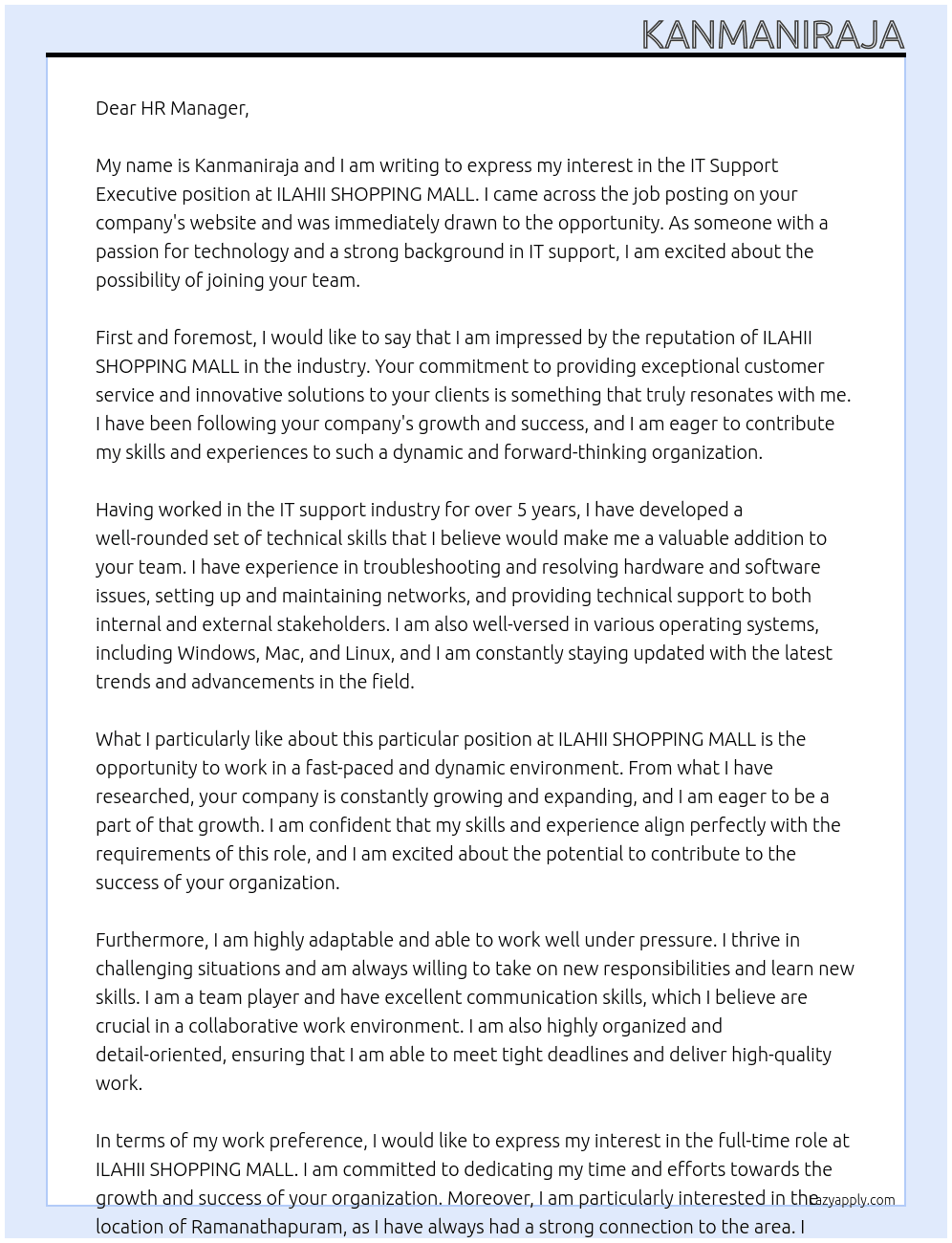 IT SUPPORT EXECUTIVE  At ILAHII SHOPPING MALL  Cover Letter