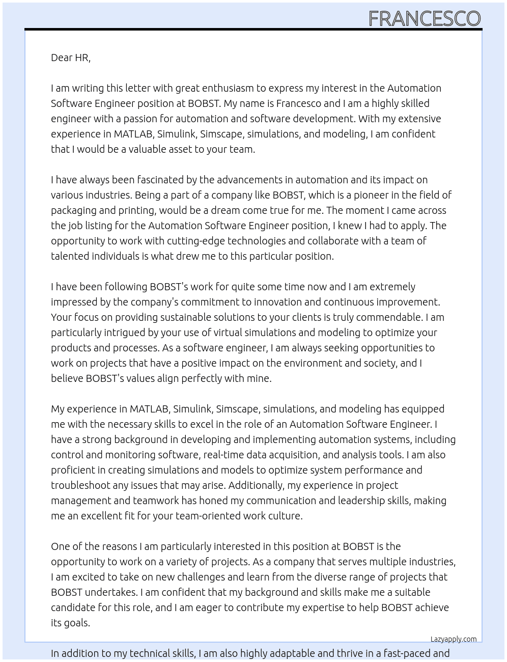 Automation Software Engineer At BOBST Cover Letter