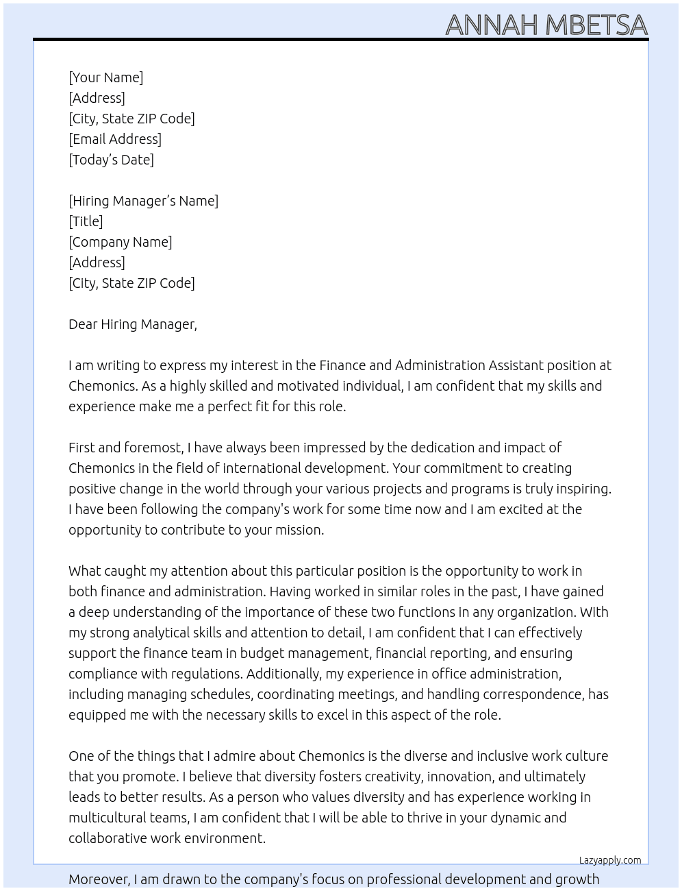 Finance and Adminstration Assistant At Chemonics Cover Letter