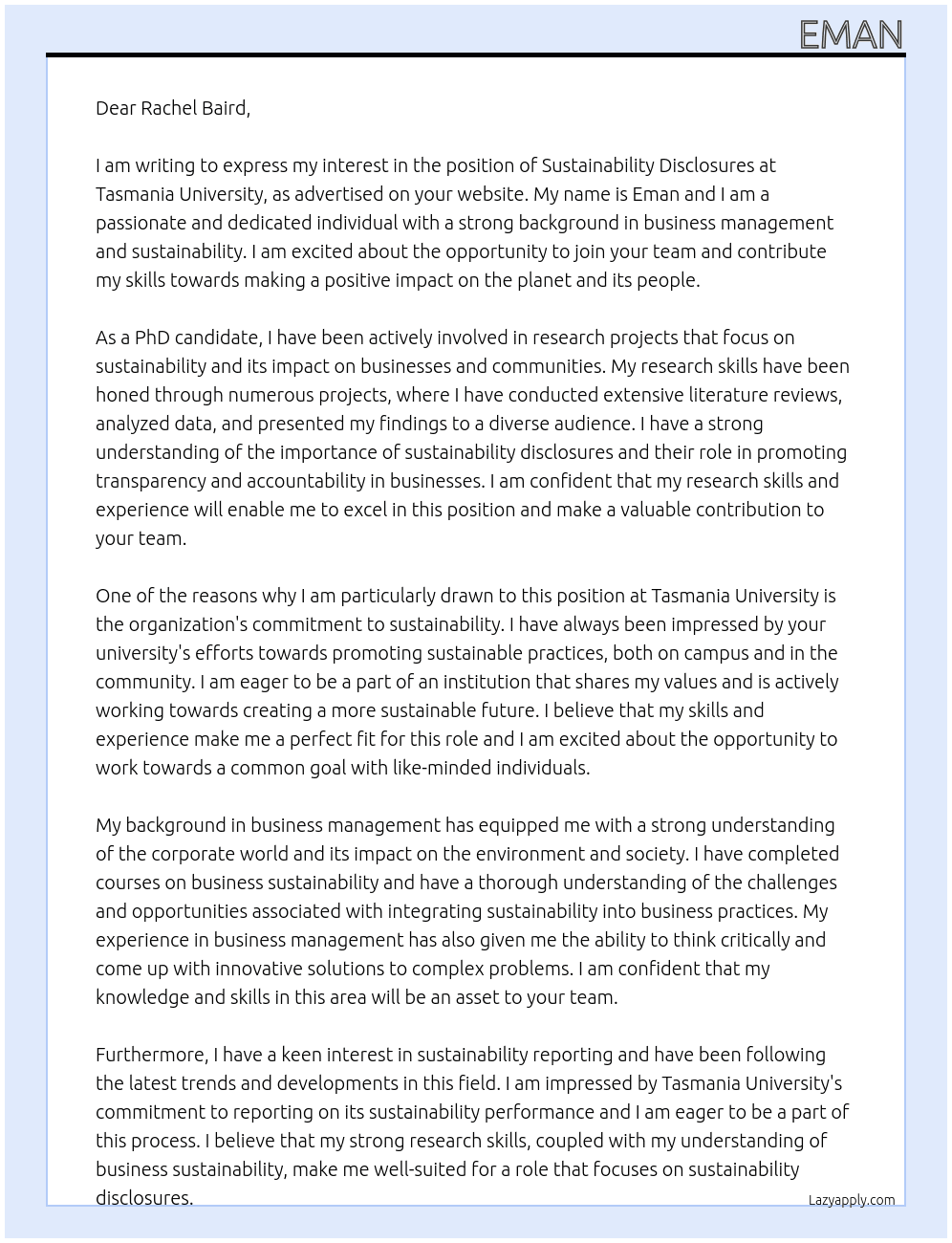 Sustainability Disclosures - Focusing on impact on planet and people At Tasmania University Cover Letter