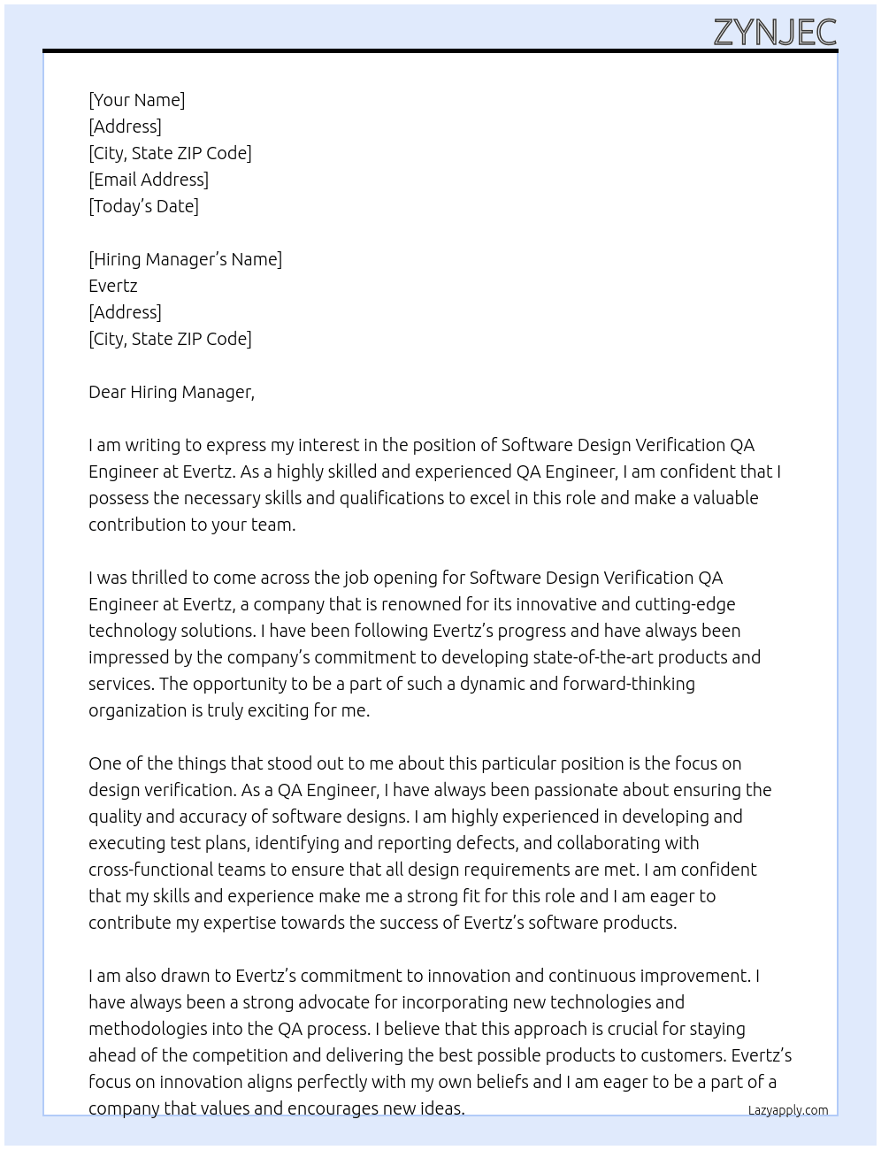 Software Design Verification QA Engineer  At Evertz Cover Letter