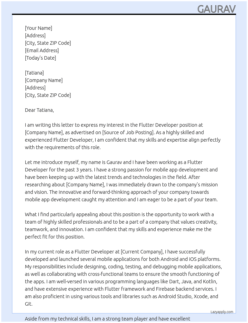 flutter developer At Tatiana Cover Letter