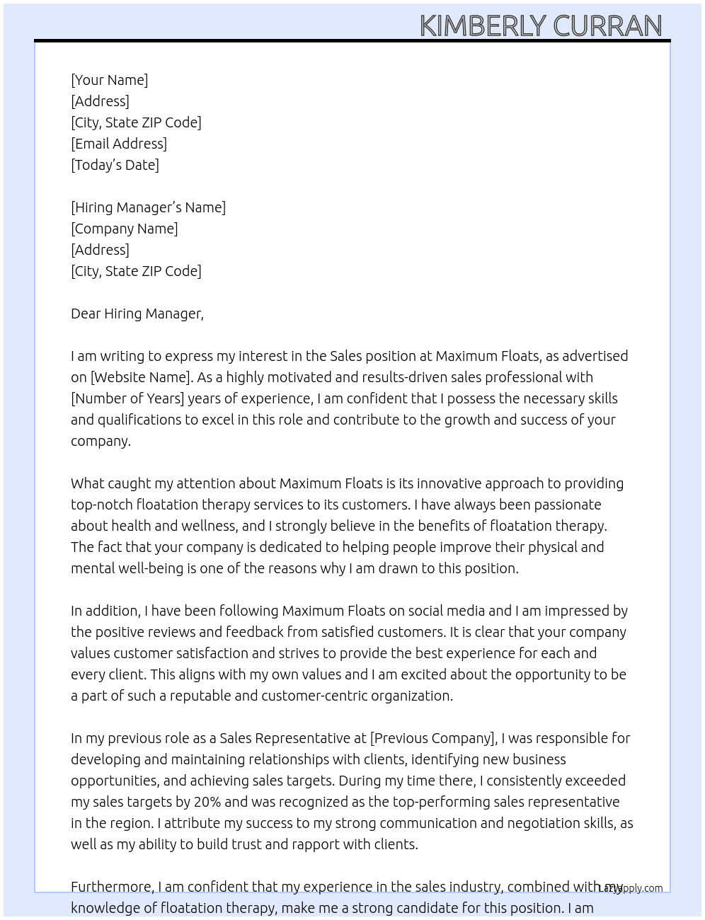 Sales At Maximum Floats Cover Letter