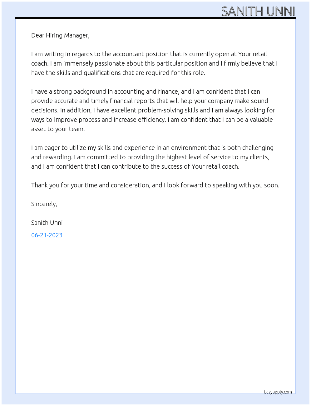 Accountant At Your retail coach Cover Letter