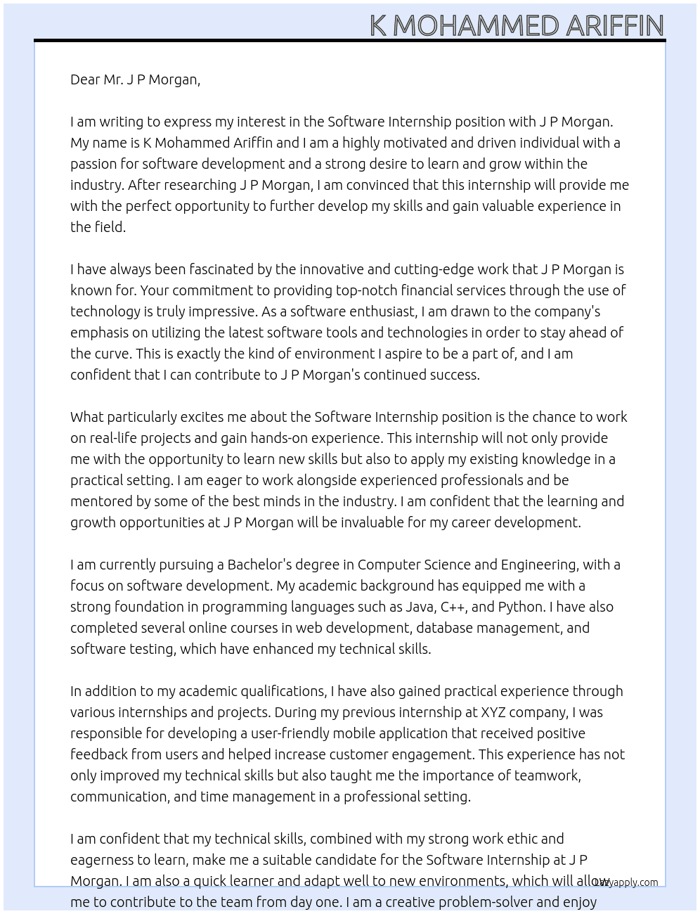 software internship At J P MORGAN Cover Letter
