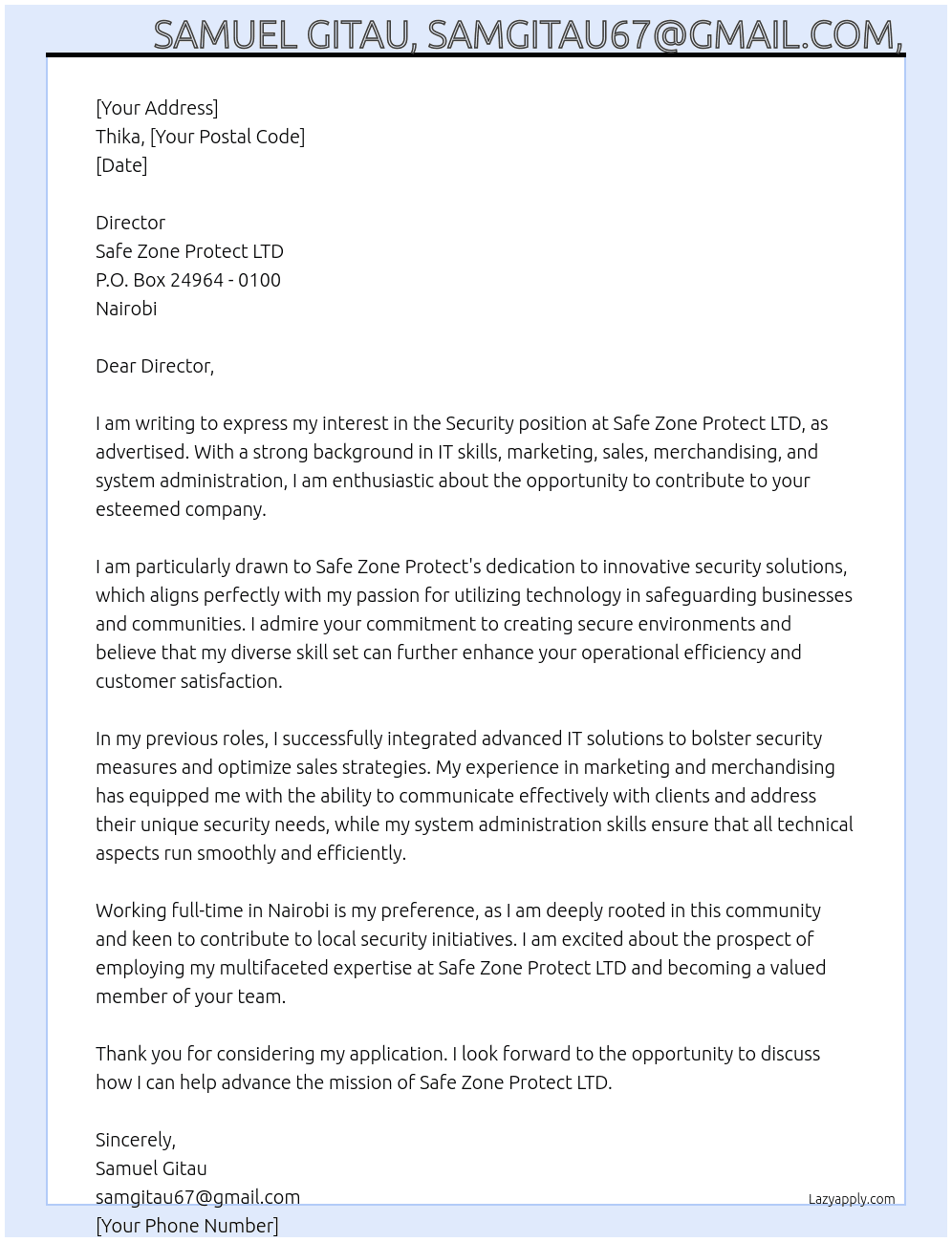 Security At Safe zone Protect LTD Cover Letter