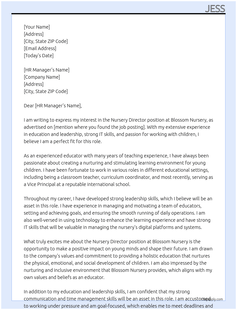 Nursery director  At Blossom Nursery Cover Letter