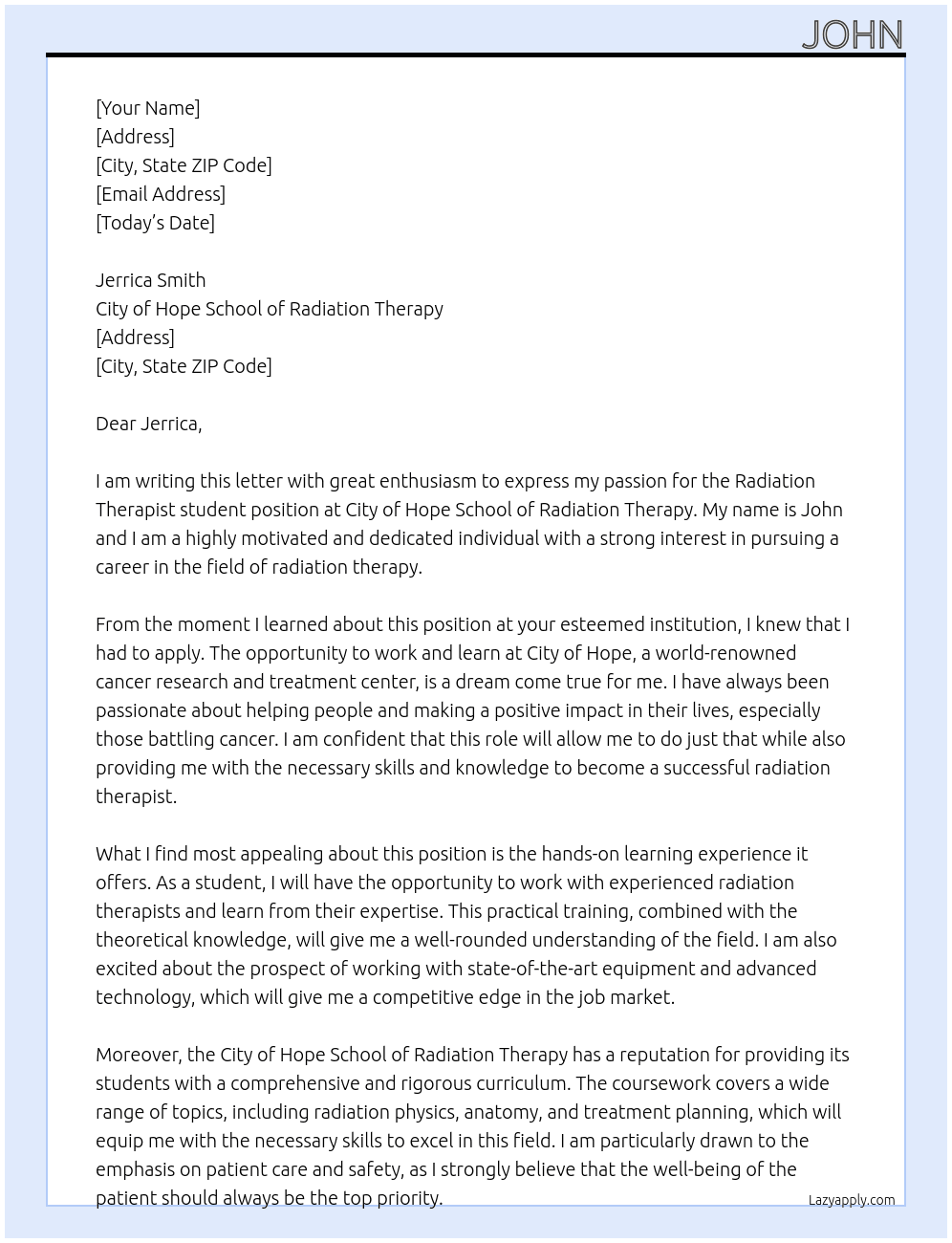 Radiation Therapist student At City of Hope School of Radiation Therapy Cover Letter