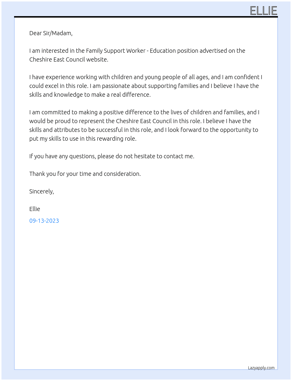 Family Support Worker - Education  At Cheshire East Council  Cover Letter