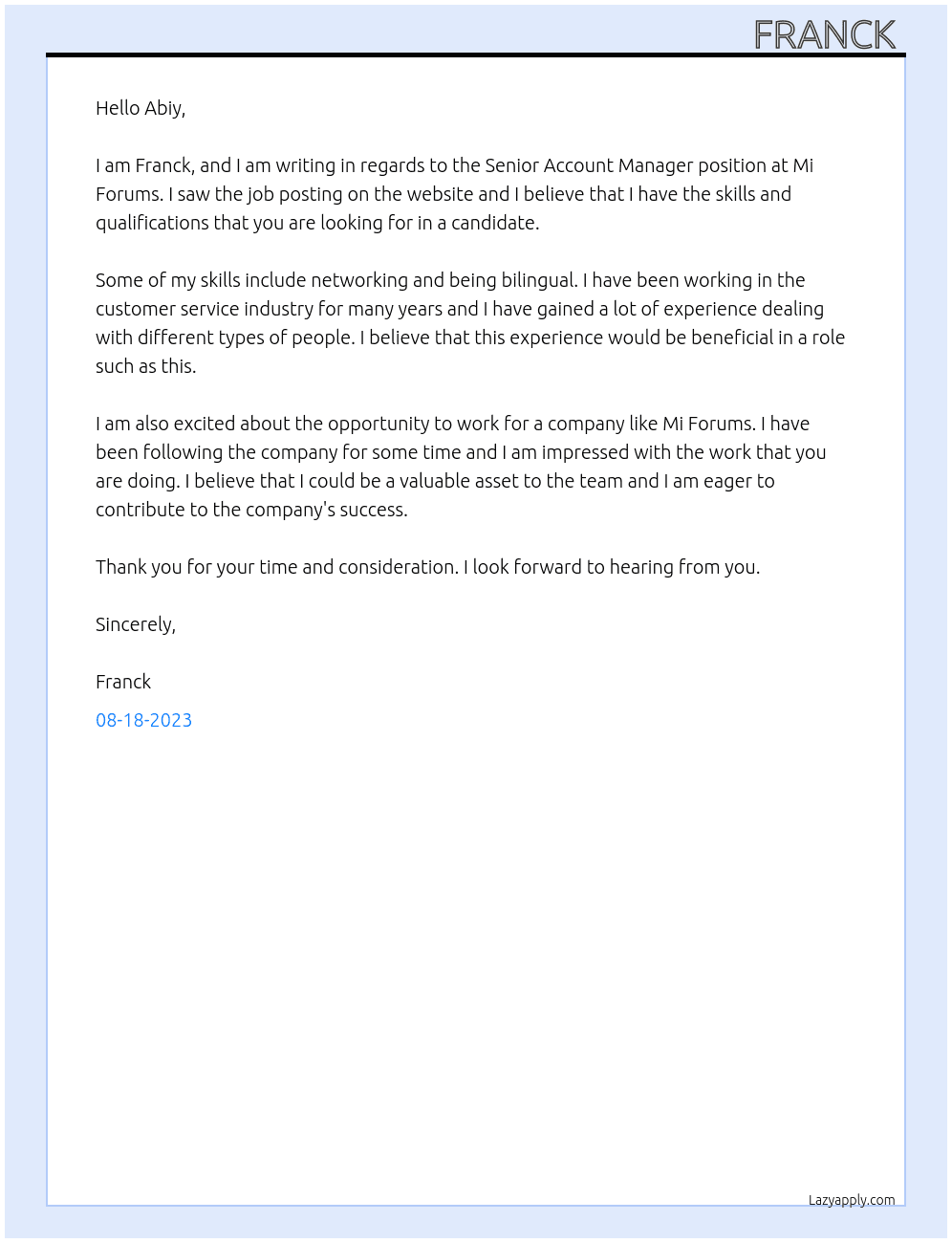 Senior account manager  At Mi forums  Cover Letter