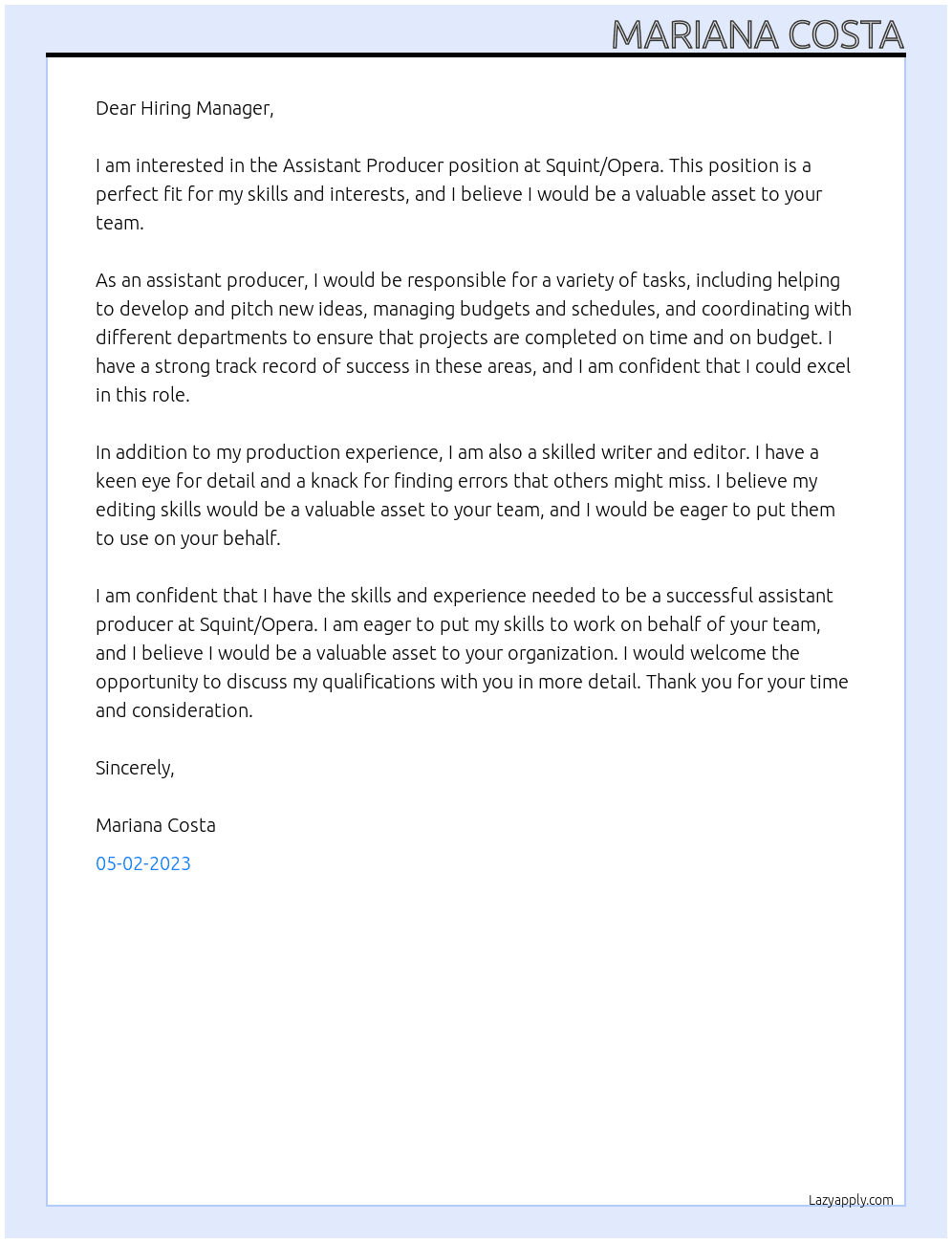 Assistant Producer At Squint/Opera Cover Letter