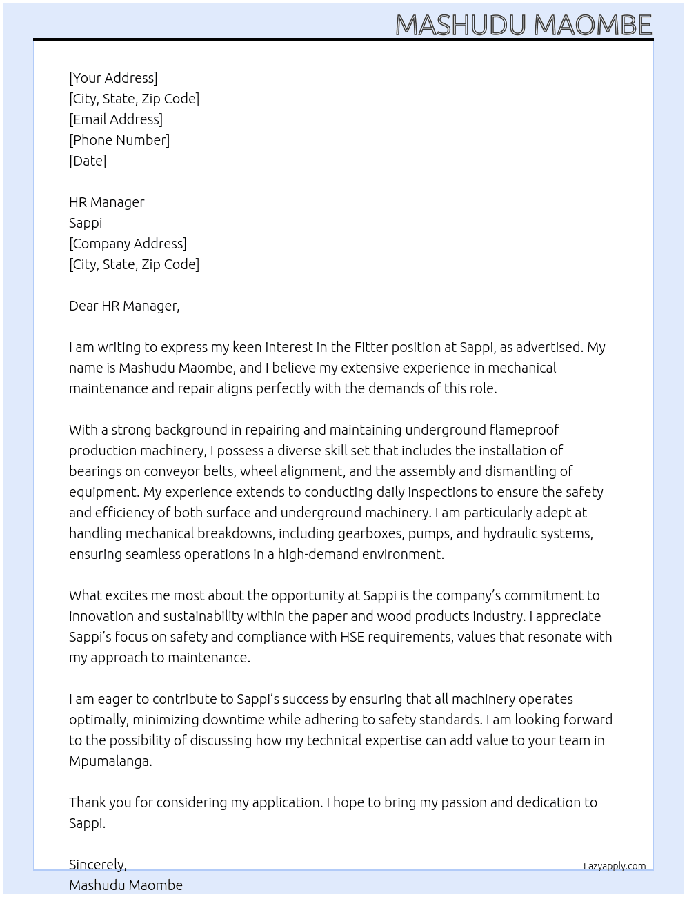 Fitter At Sappi Cover Letter