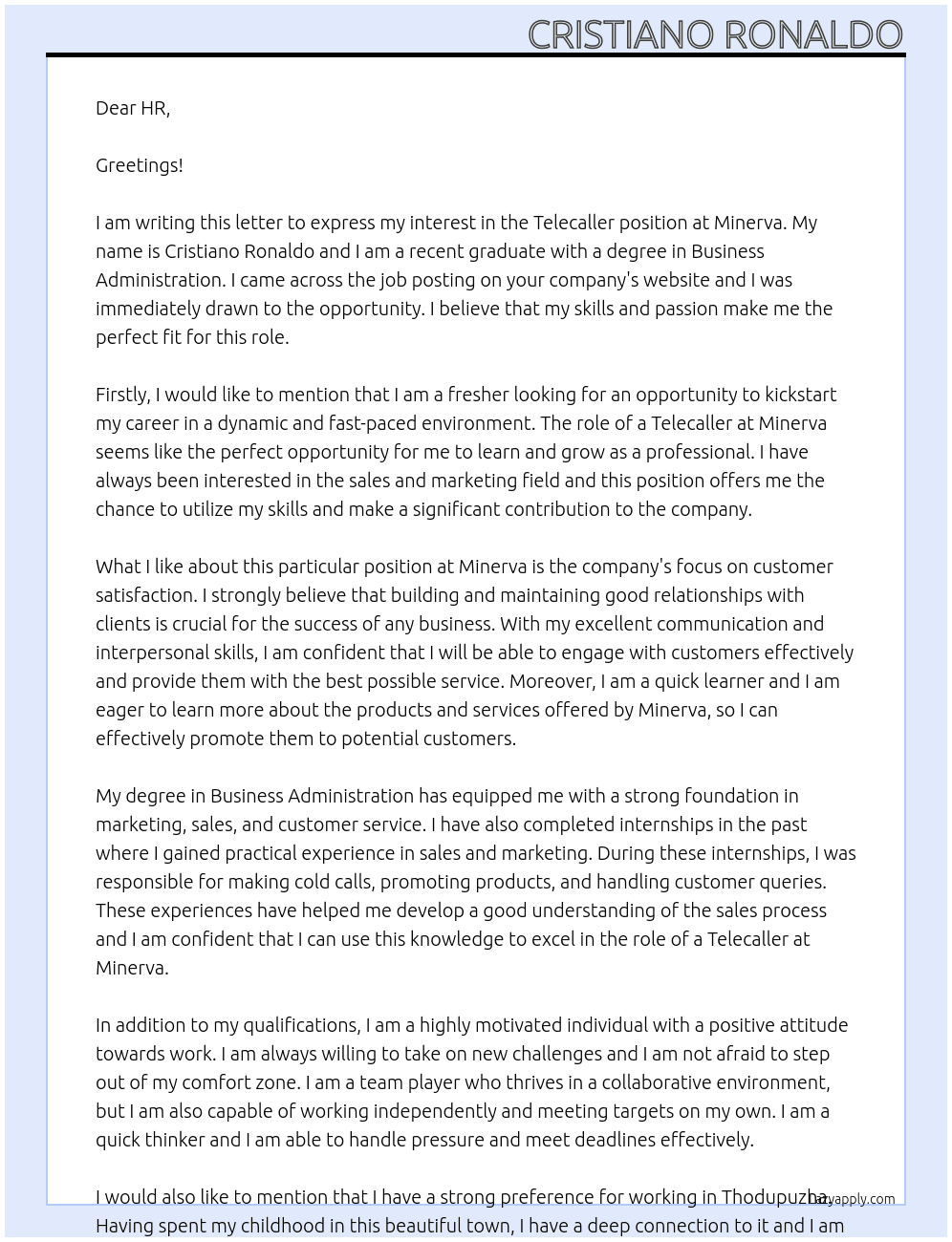 Tele caller At Minerva Cover Letter