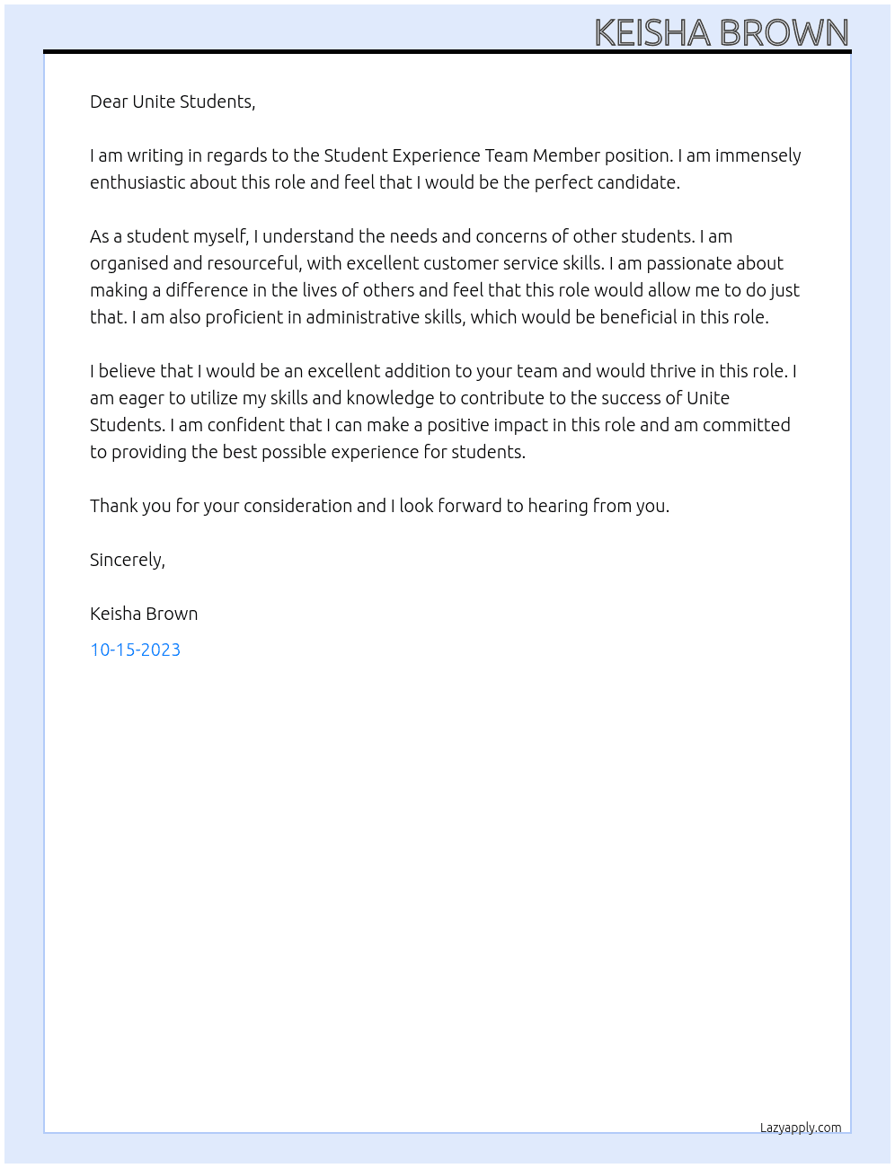 Student Experience Team Member At Unite Students Cover Letter