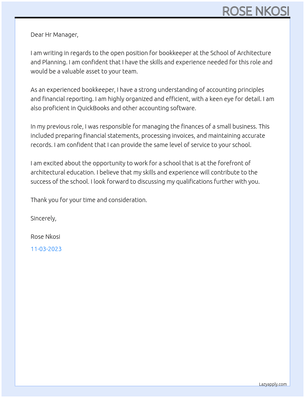 Bookkeeper  At School of Architecture and Planning Cover Letter