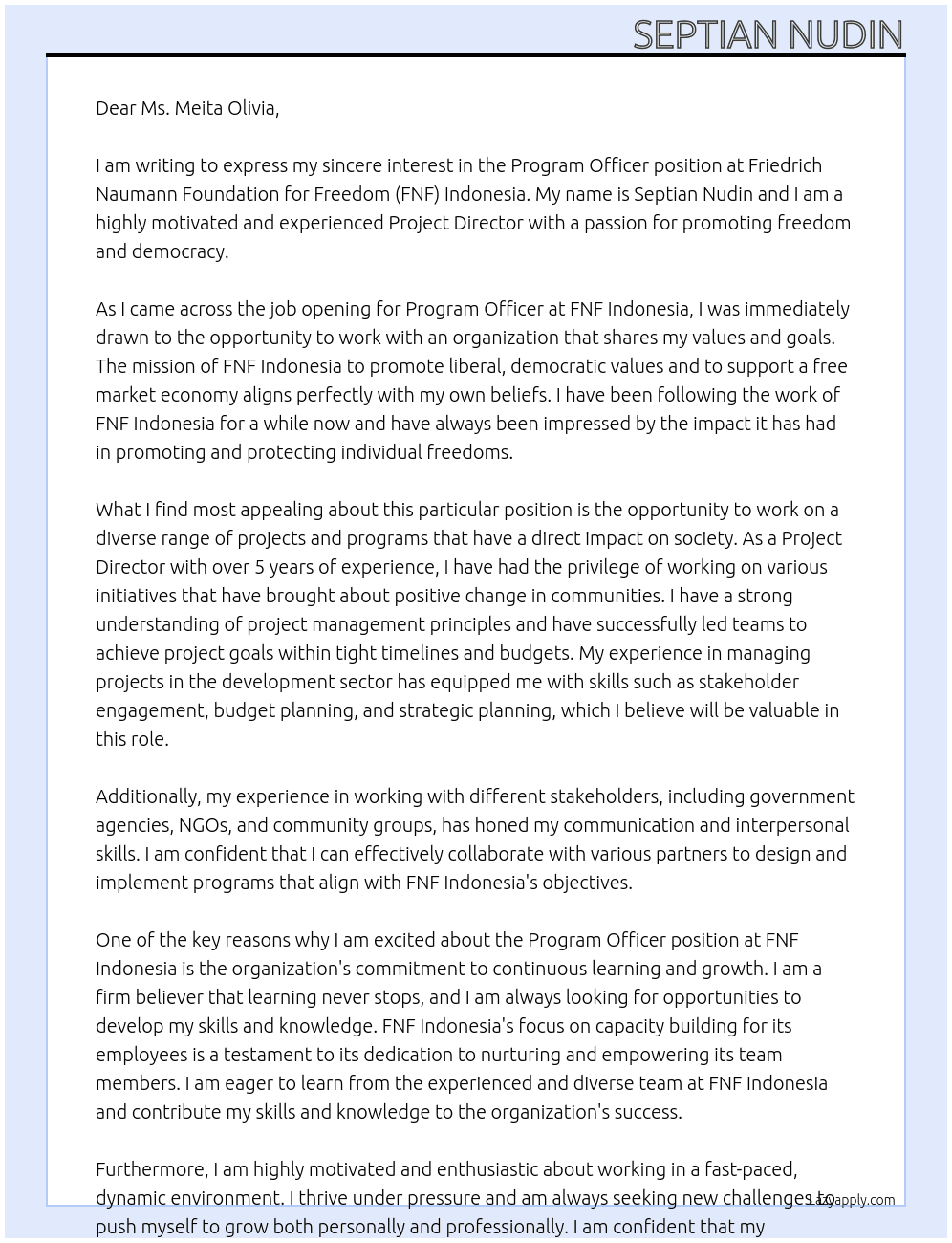Program Officer At Friedrich Naumann Foundation for Freedom (FNF) Indonesia  Cover Letter