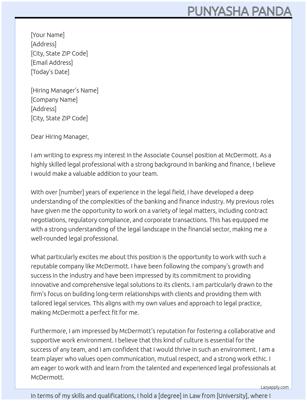 ASSOCIATE COUNSEL  At MCDERMOTT Cover Letter