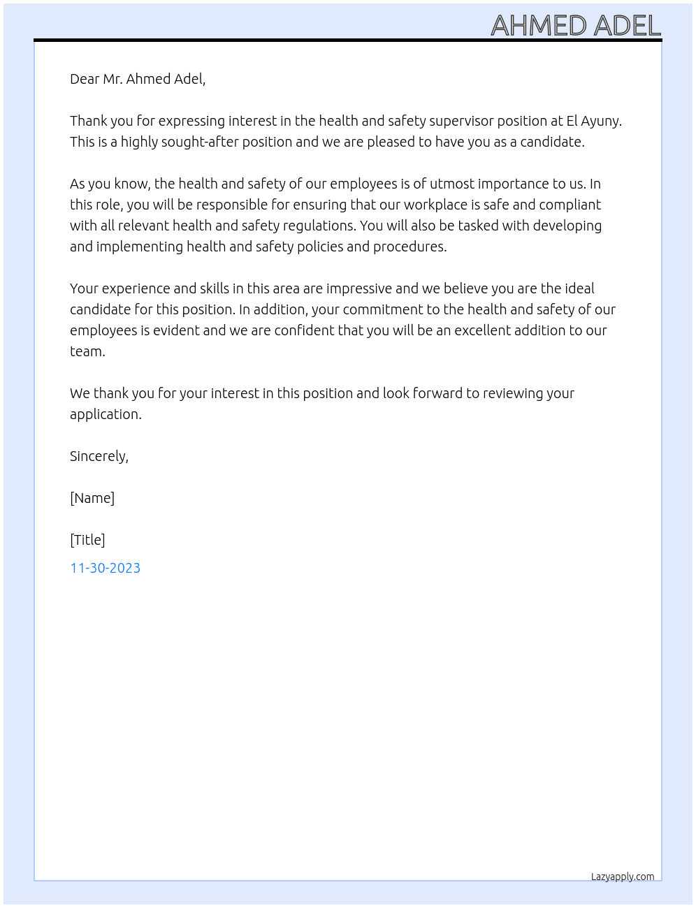 health and safety supervisor At el Ayuny Cover Letter