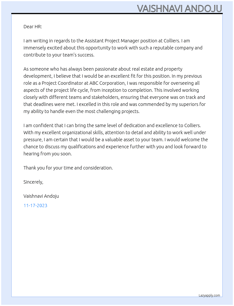 Assistant Project Manager At colliers Cover Letter