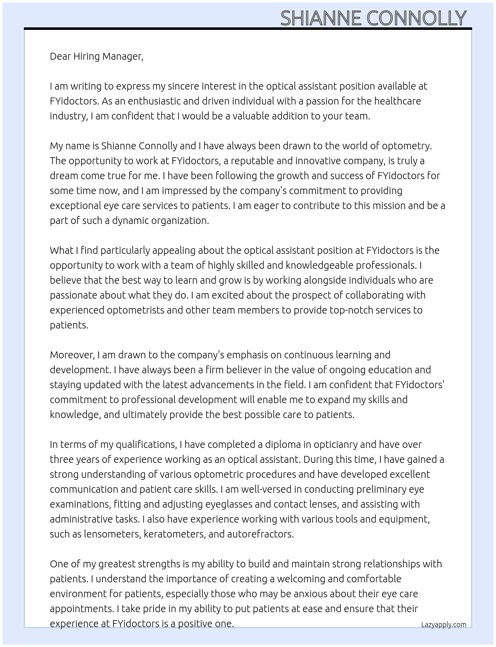 optical assistant  At FYidoctors  Cover Letter