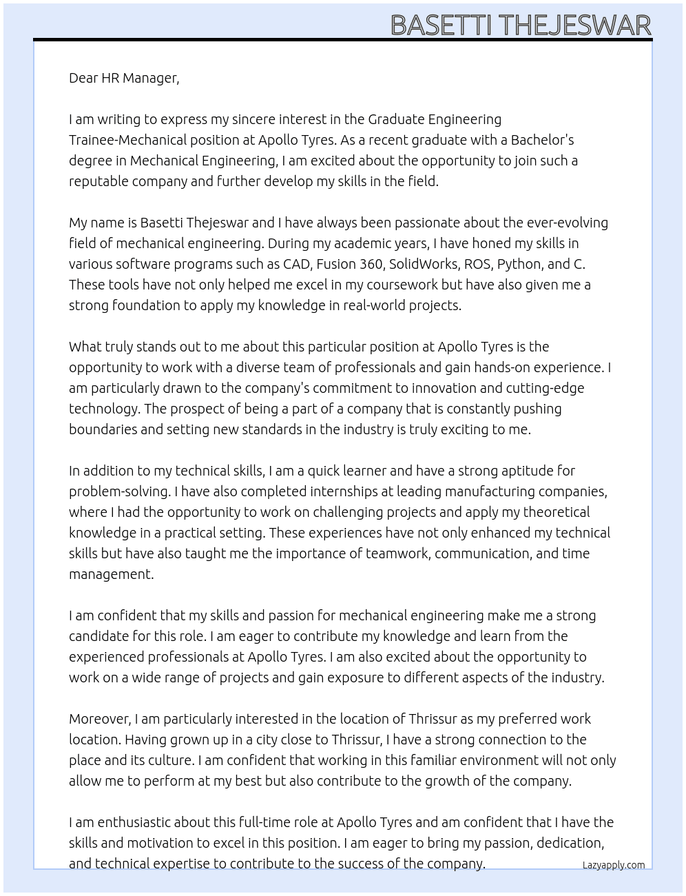 Graduate Engineering Trainee-Mechanical At Apollo Tyres Cover Letter