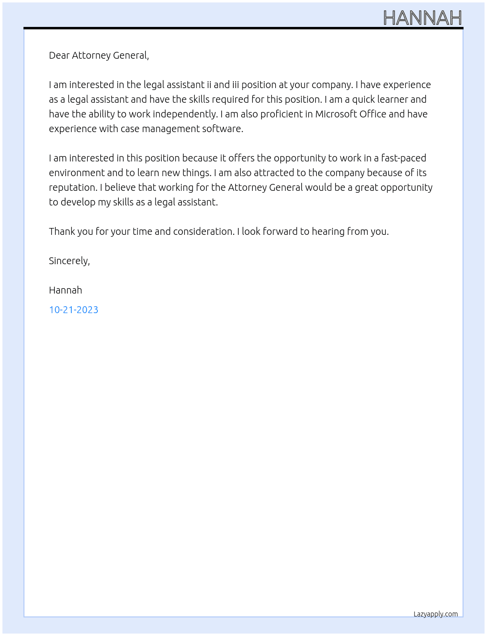 legal assistant ii and iii At Attorney General Cover Letter