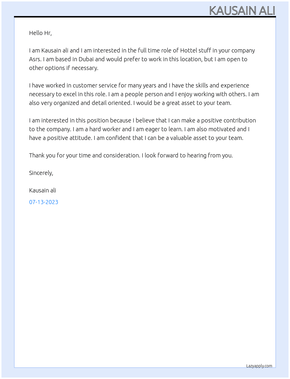Hottel stuff At Asrs Cover Letter