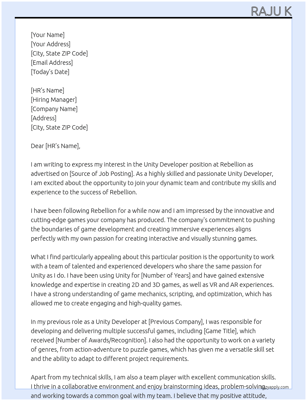Unity Developer  At Rebellion Cover Letter