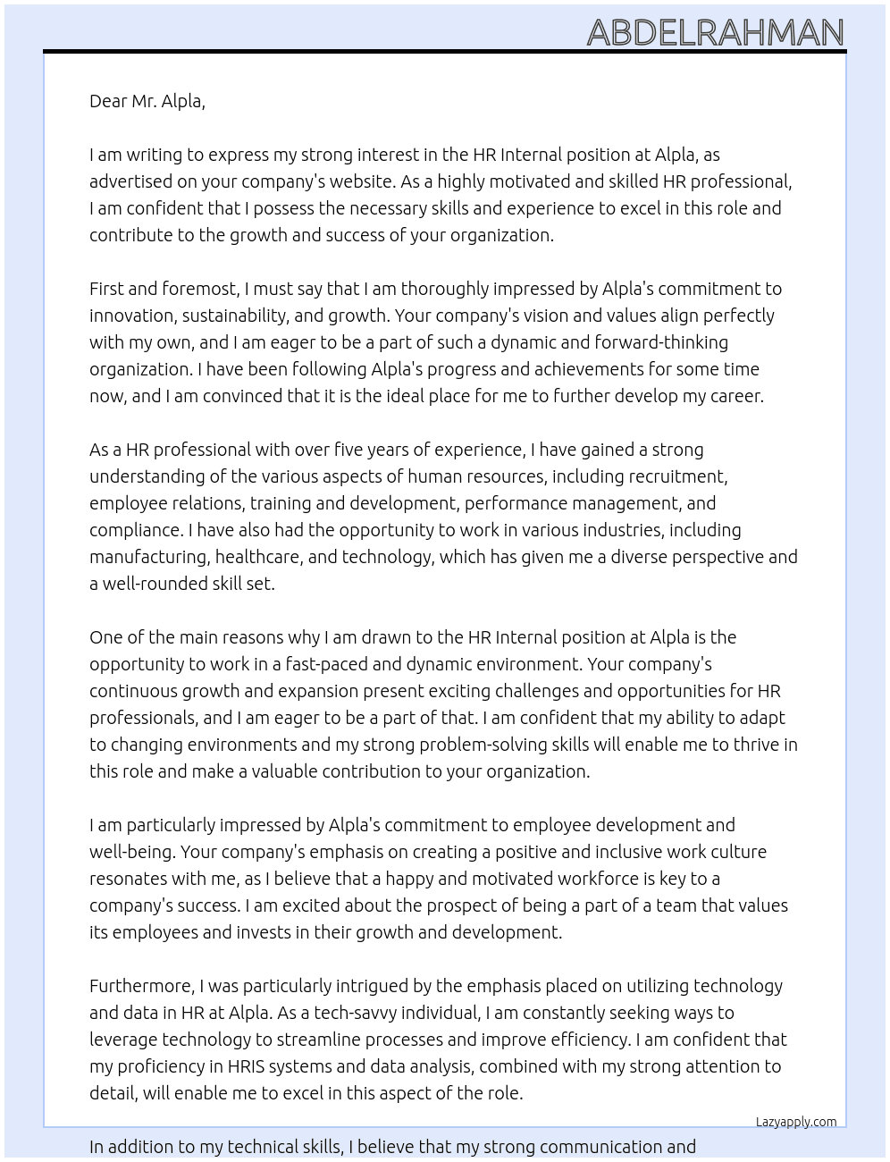 HR internal s At alpla Cover Letter