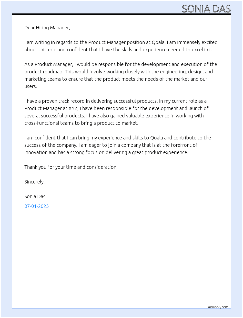 Product Manager At Qoala Cover Letter