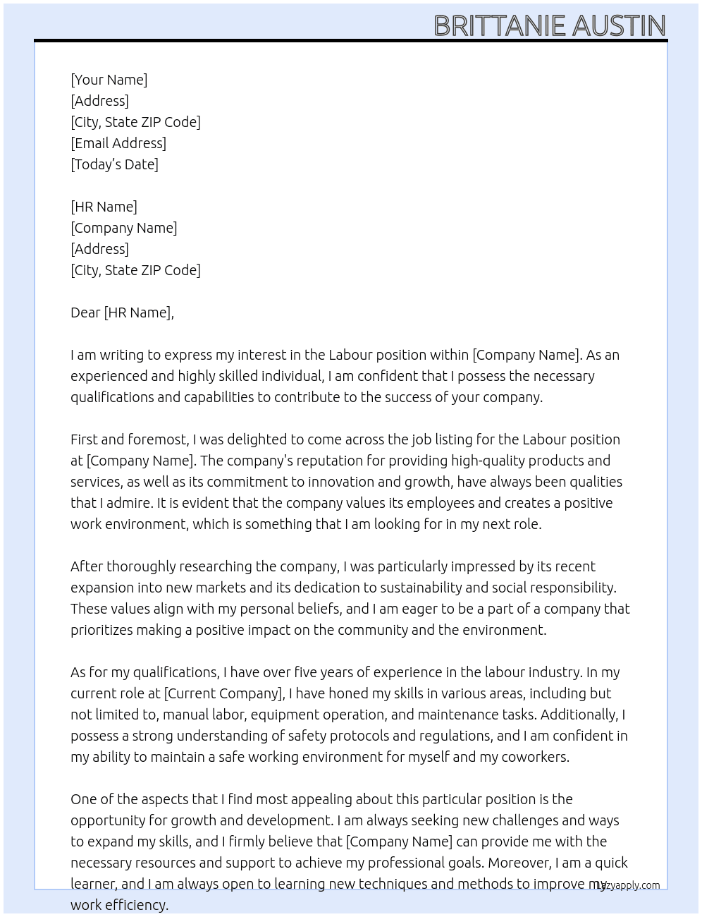 labour  At any  Cover Letter