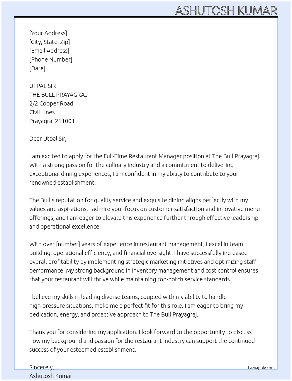 RESTAURANT MANAGER At THE BULL PRAYAGRAJ  Cover Letter