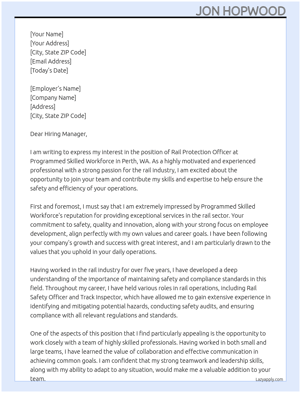 Rail Protection Officer At Programmed Skilled Workforce Cover Letter