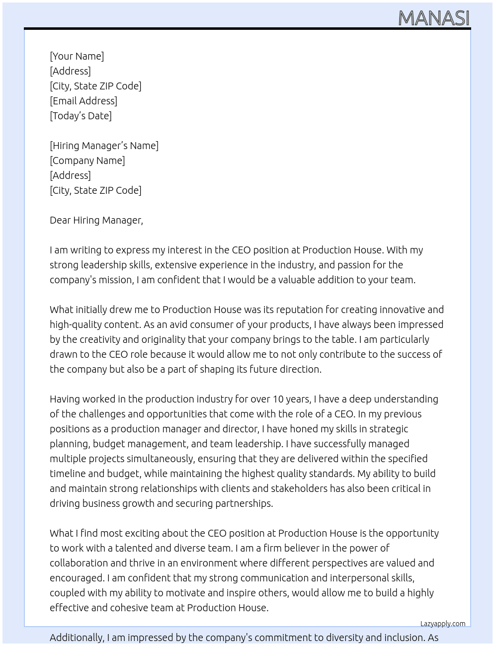 CEO At Production House Cover Letter