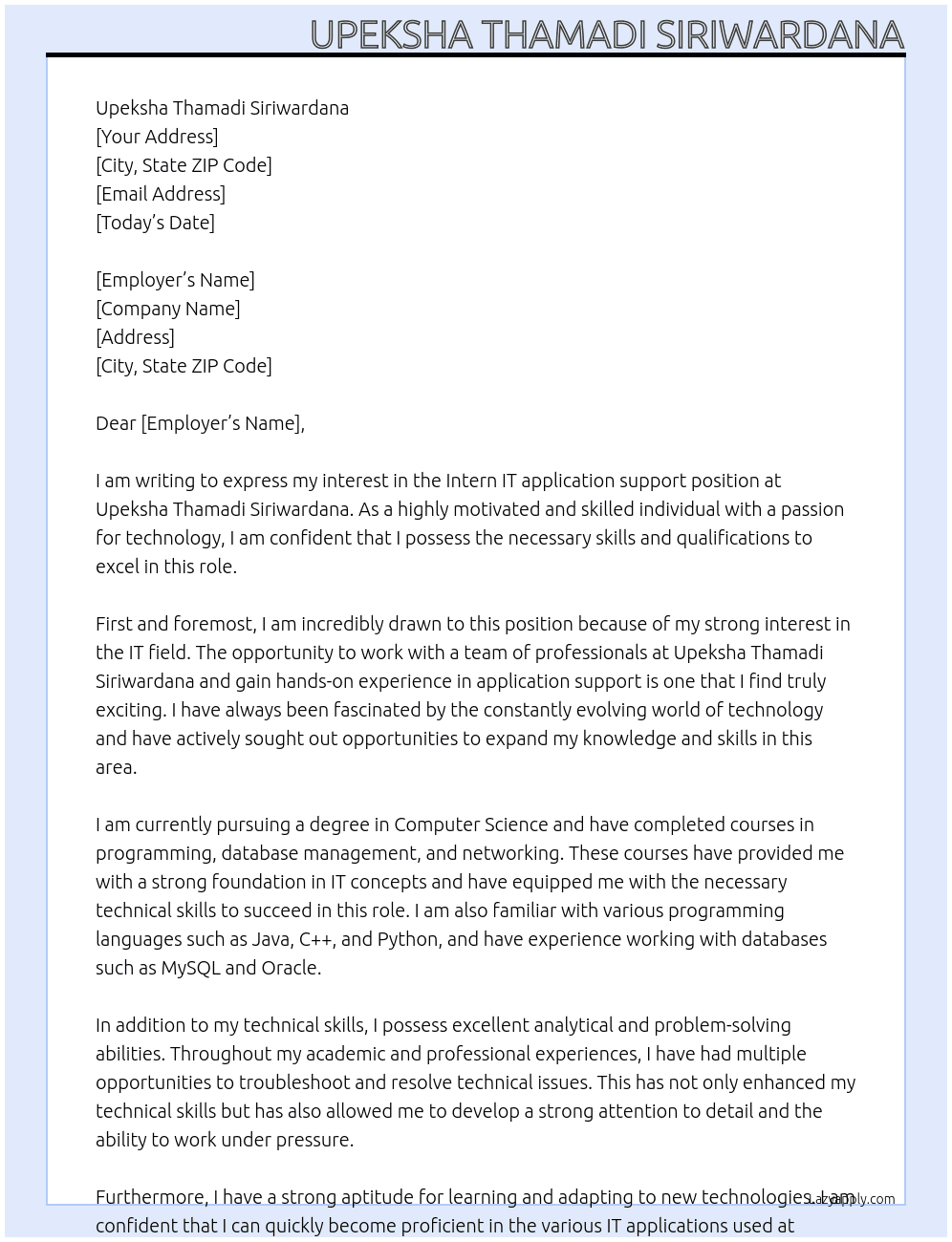 Intern IT application support At Upeksha Thamadi Siriwardana Cover Letter