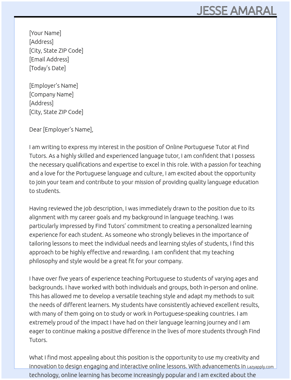 Online Portuguese Tutor At Find Tutors Cover Letter