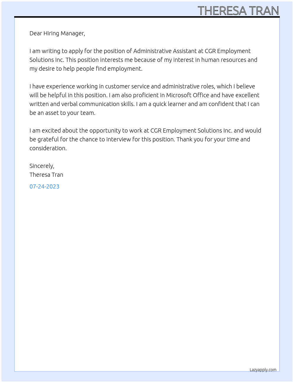 Administrative assistant At CGR Employment Solutions Inc. Cover Letter